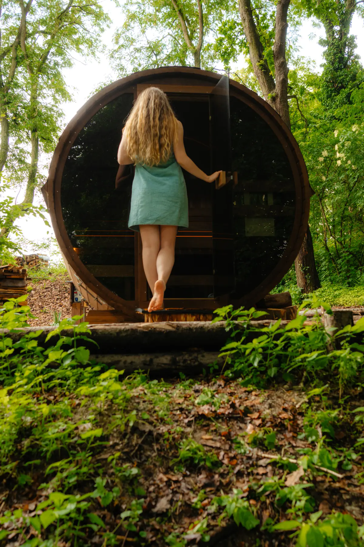 Entrance to the barrel sauna