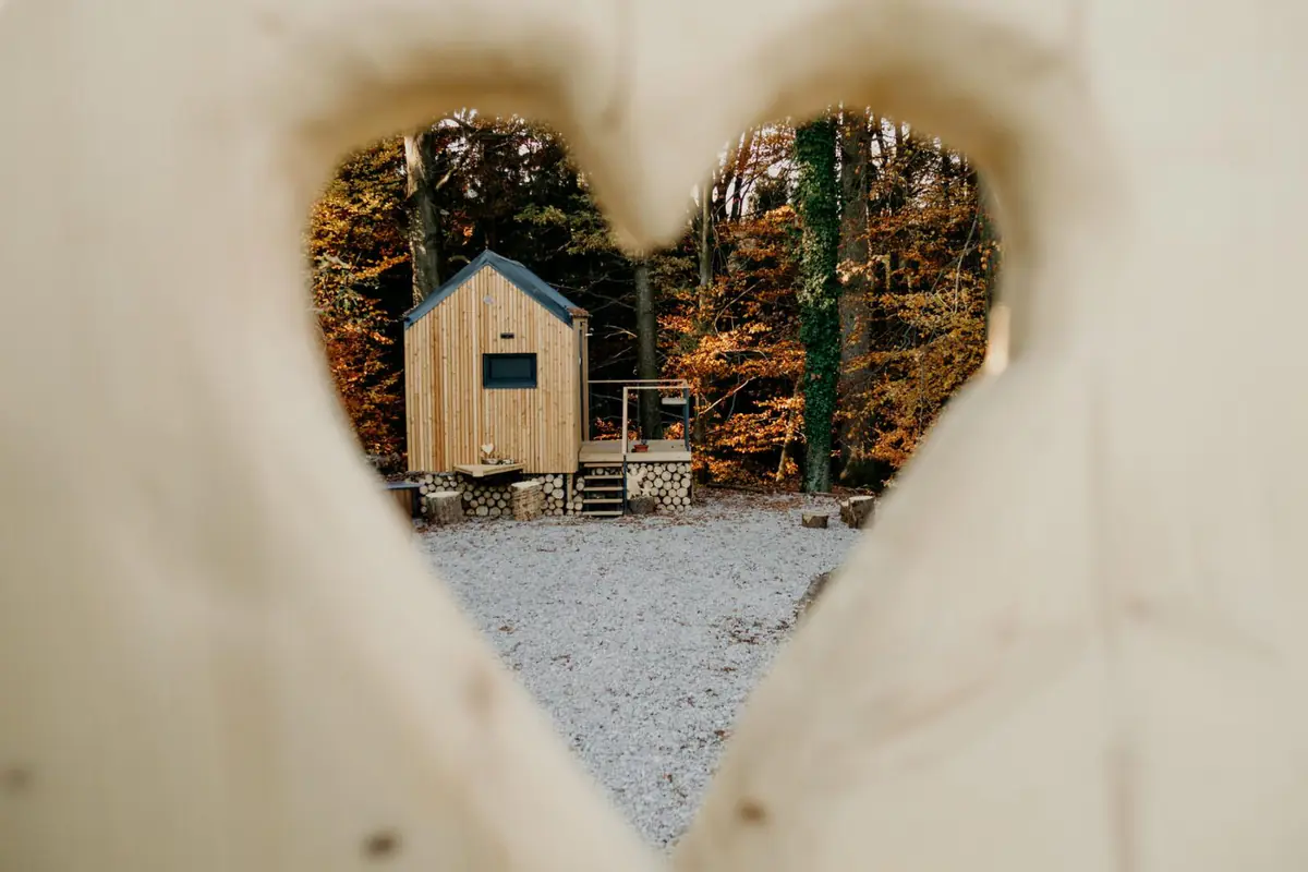 View of the cabin through a heart shaped cut out