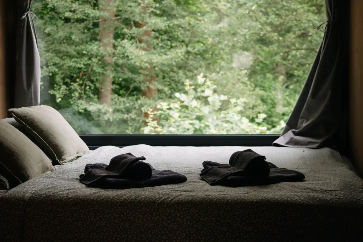 Bed by the window looking into the forest in Žandov